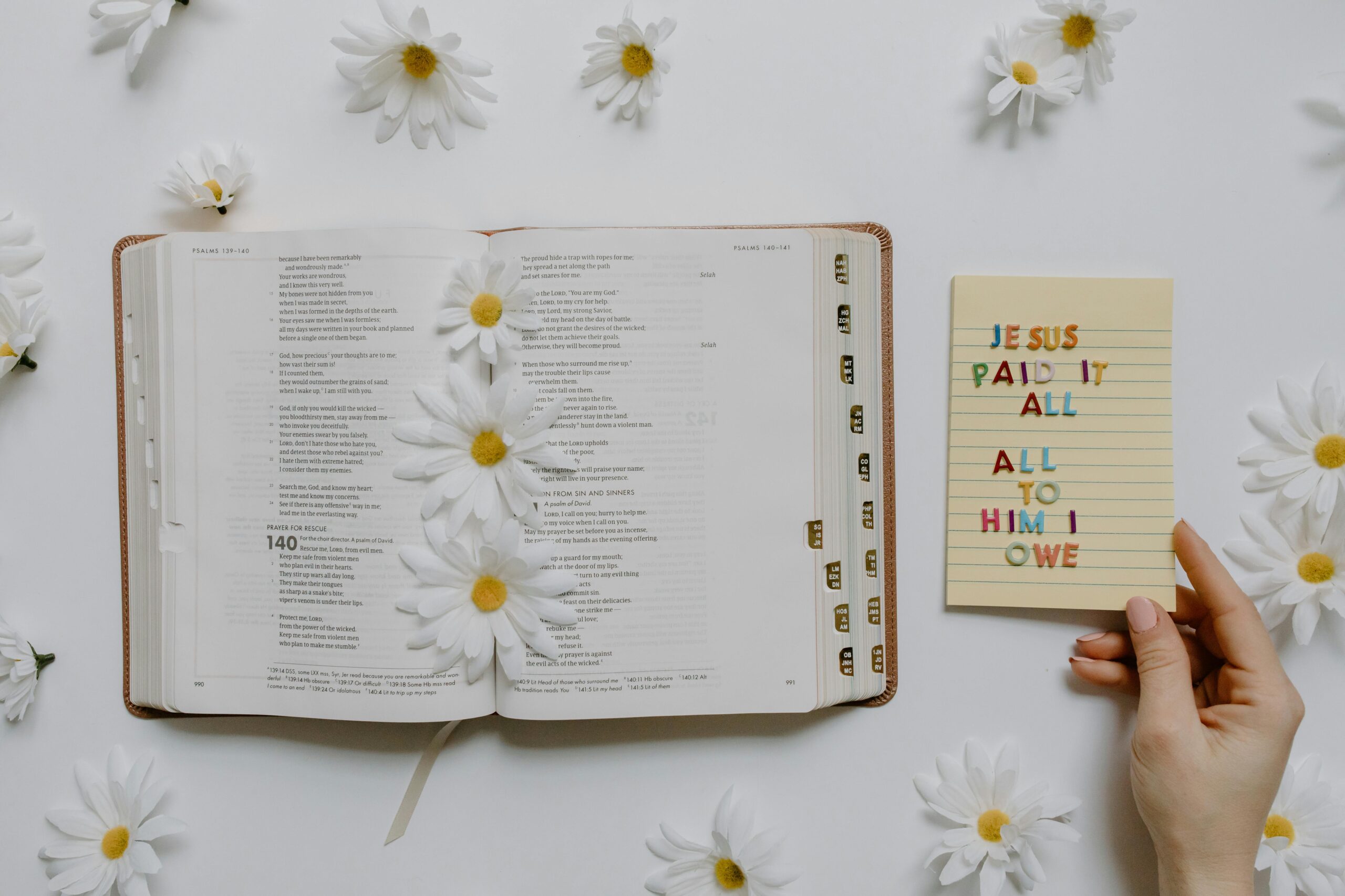 Flowers on an open Bible.